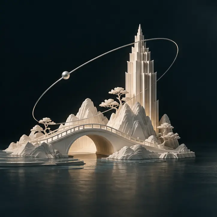 纸艺桥梁、建筑与轨道构成的中国创新概念场景，概念插画