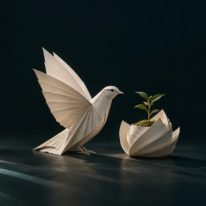 折纸飞鸟与新芽，象征创作中的匠心与关照，概念插画